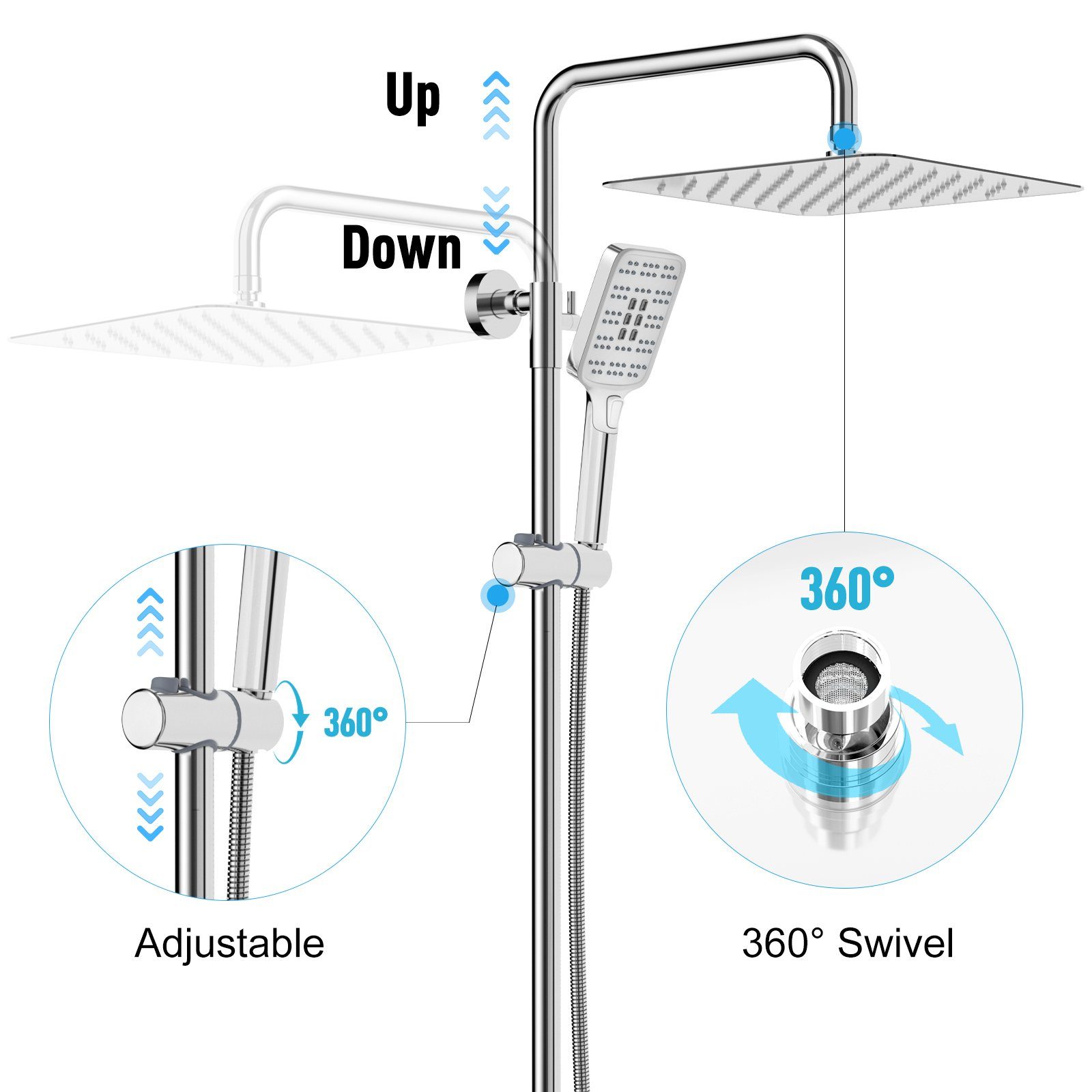 Rainsworth Duschsystem 3 Funktionen Duschsystem ohne Armatur, Höhe 126 cm, Set, Duschset Duschstangeset Duschsäuleset, eckig Regenduschset mit Kopfbrause 20x20cm für Badezimmer, Chrom