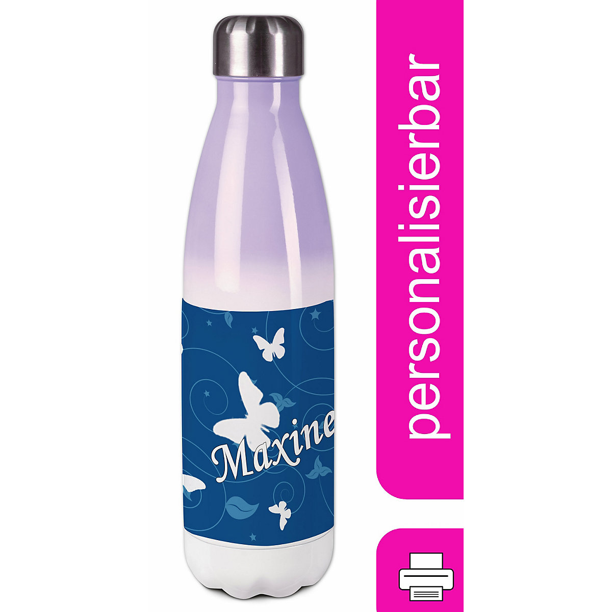 Edelstahl Kinder Thermoflasche / Trinkflasche bunt Schmetterling Ornamente Farbe blau Spülmaschinenfest, Auslaufsicher, Bruchfest, Doppelwandig, Für Heißgetränke geeignet, Mit Deckel, Isoliert