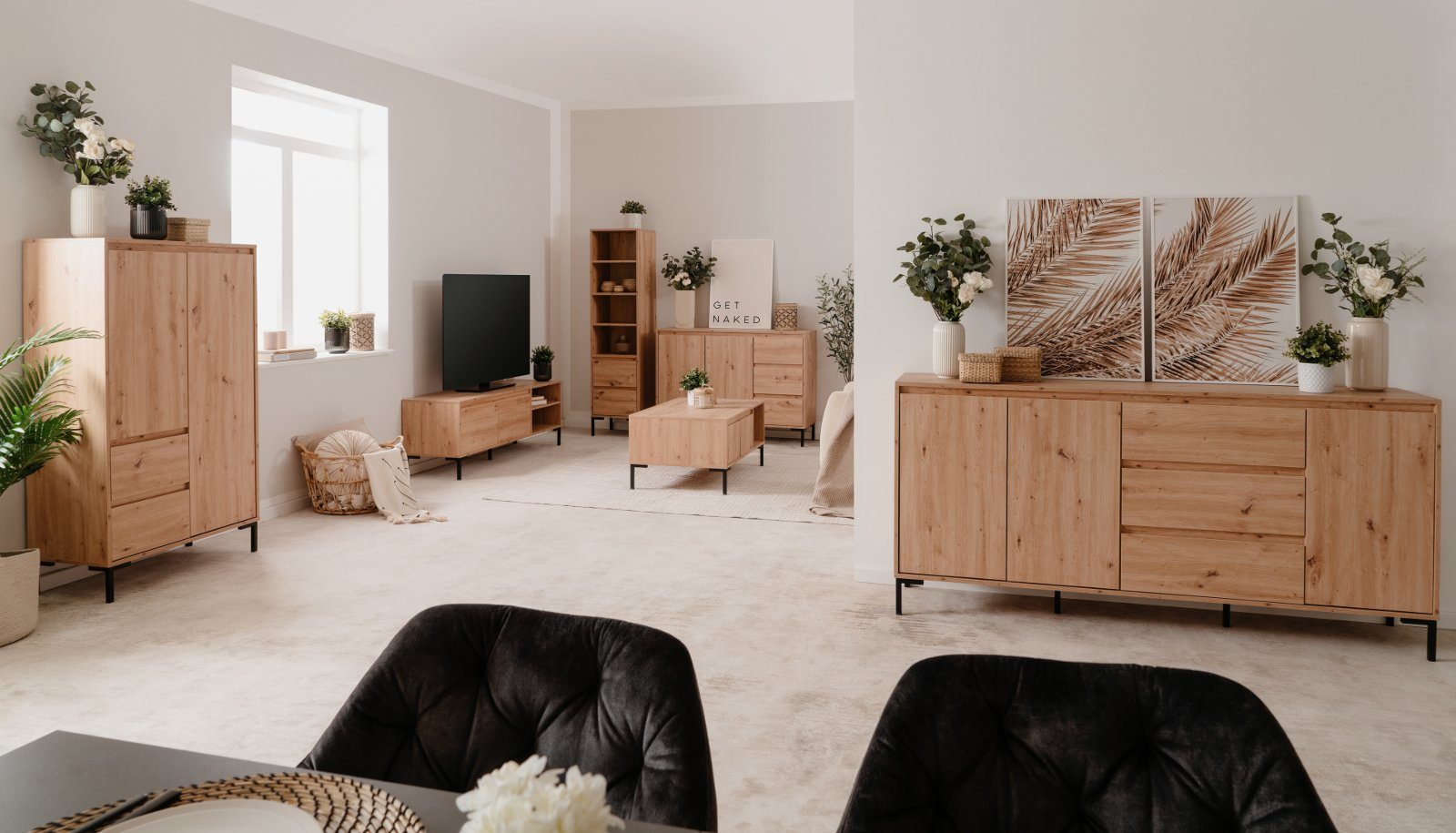 Finori Sideboard Korsika (Kommode in Eiche Artisan mit 3 Schubladen, 170 x 87 cm), Metallfüße in schwarz