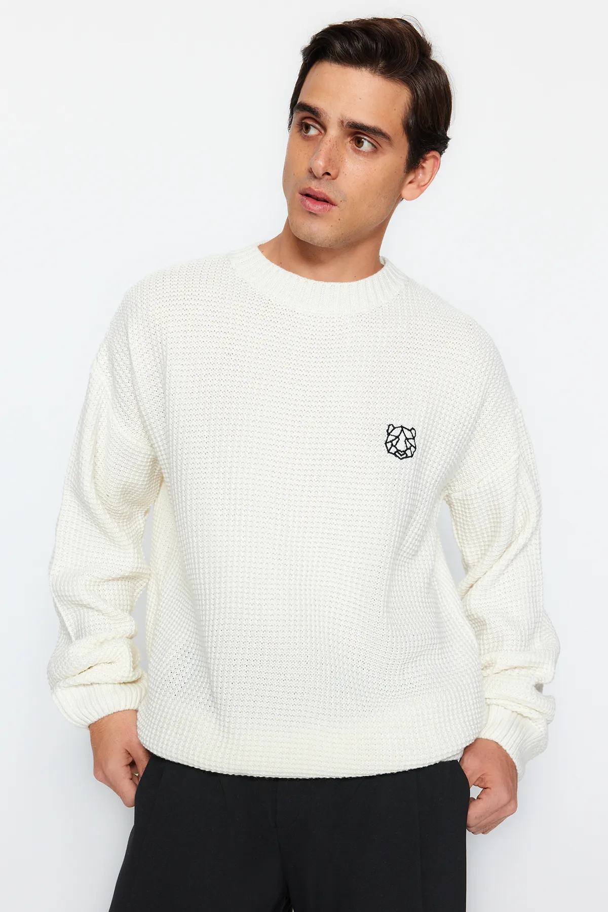Trendyol Collection  Ecrufarbener Oversize-Pullover mit weiter Passform und Rundhalsausschnitt, bestickter Strickpullover TMNAW24KZ00032