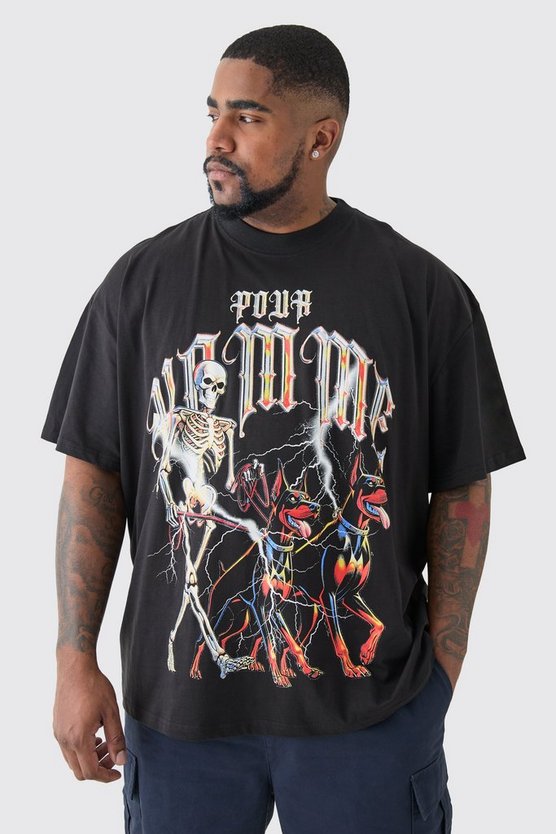 Plus schwarzes Pour Homme T-Shirt mit Skelett-Print