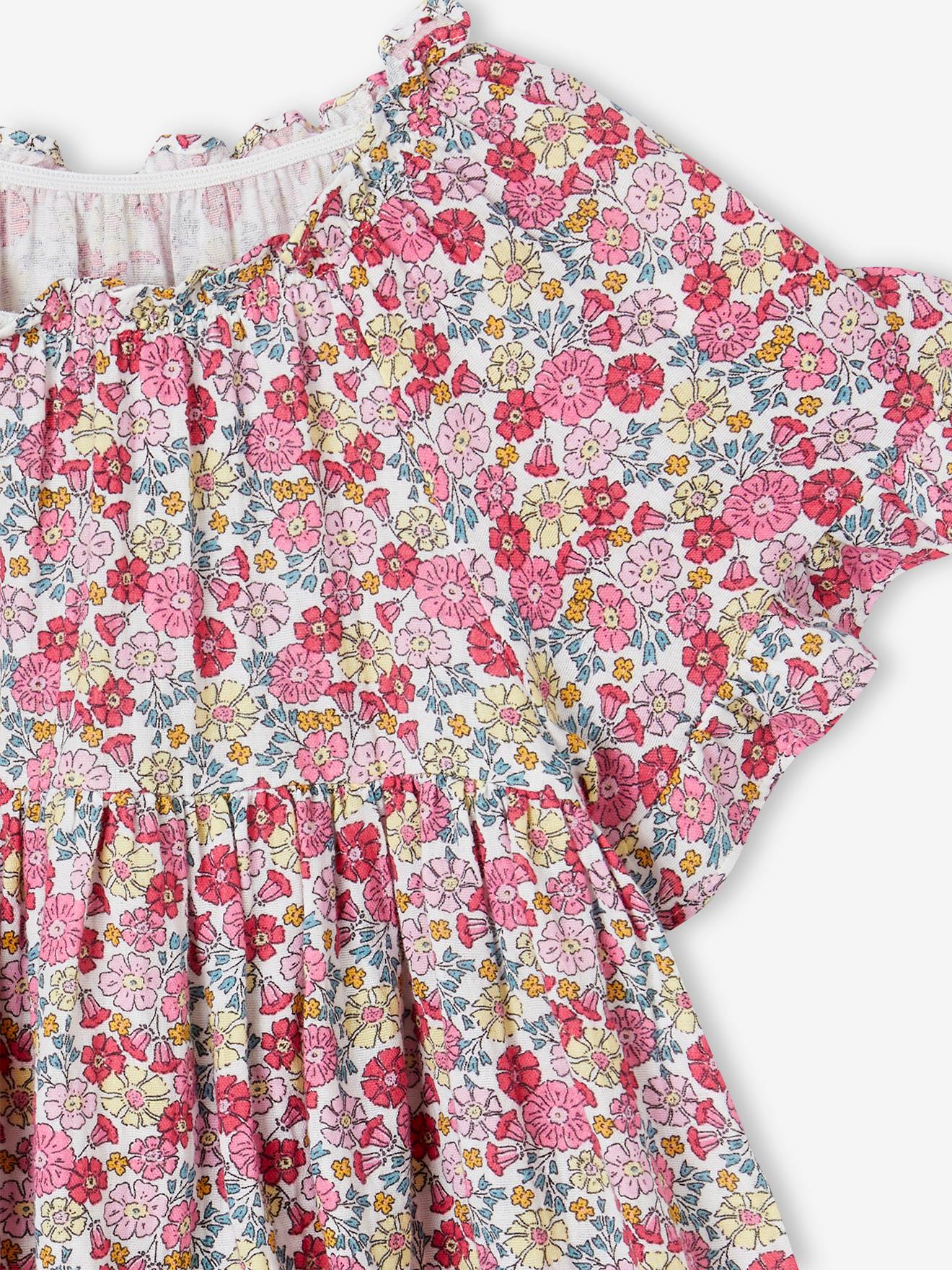 Vertbaudet Geblümtes Mädchen Kleid mit Schmetterlingsärmeln - rosa