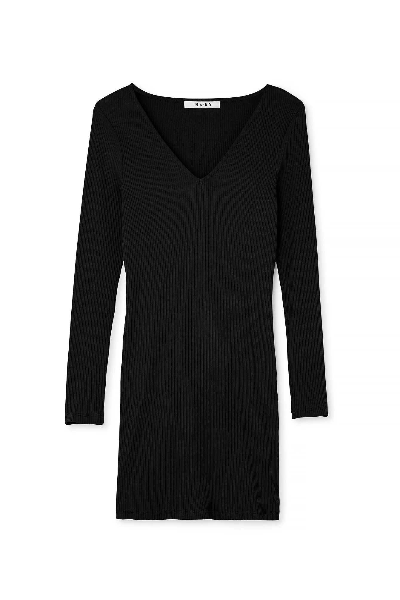 Geripptes Minikleid mit langen Ärmeln und V-Ausschnitt