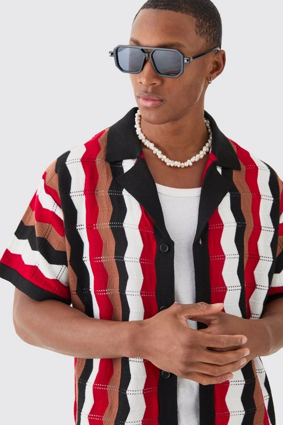 Kastiges gestreiftes Oversize Strick-Hemd