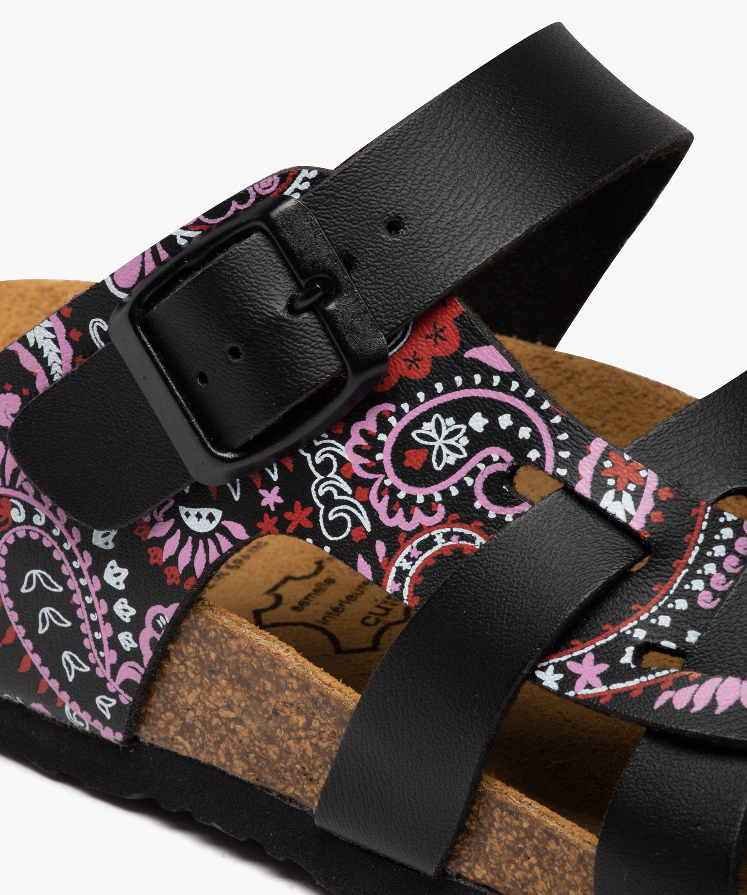 Mules femme plates à brides imprimées et semelle liège noir | GEMO