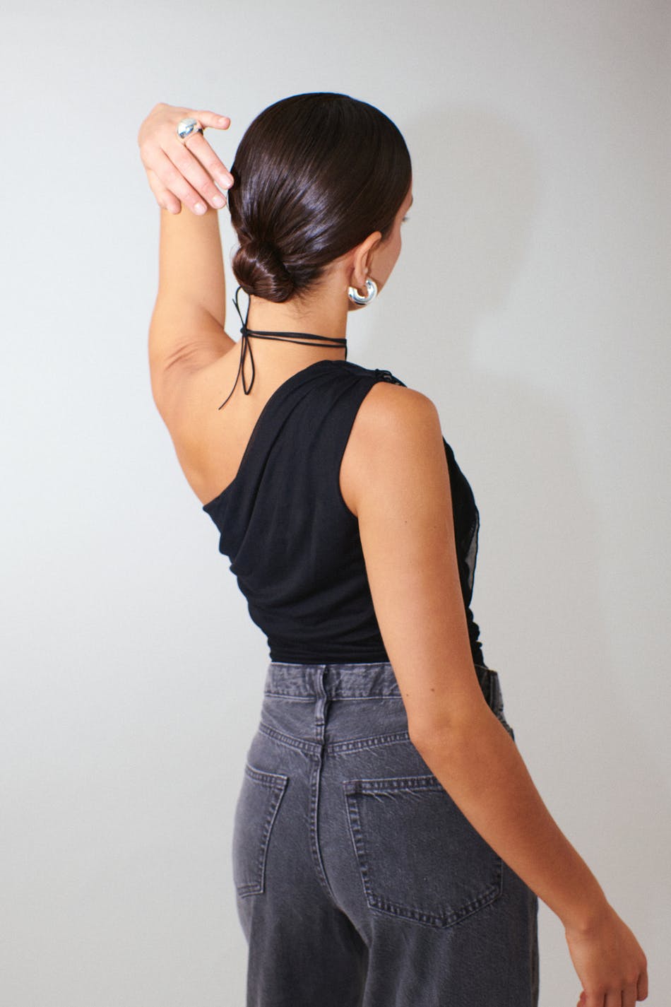 One shoulder ruched mesh top