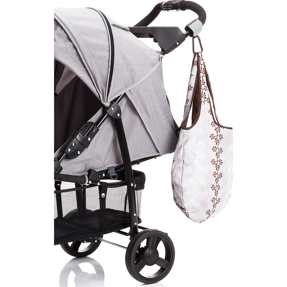 Karabinerhalterung für Kinderwagen und Buggys schwarz mit Reflektor