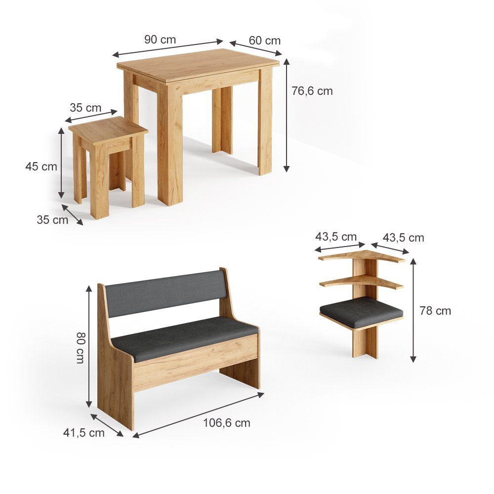 Vicco Sitzgruppe Eckbankgruppe Esszimmergruppe ROMAN Sandeiche Goldkraft Set 4, (Set, 5-tlg., 5-er Set), bequeme Polsterung