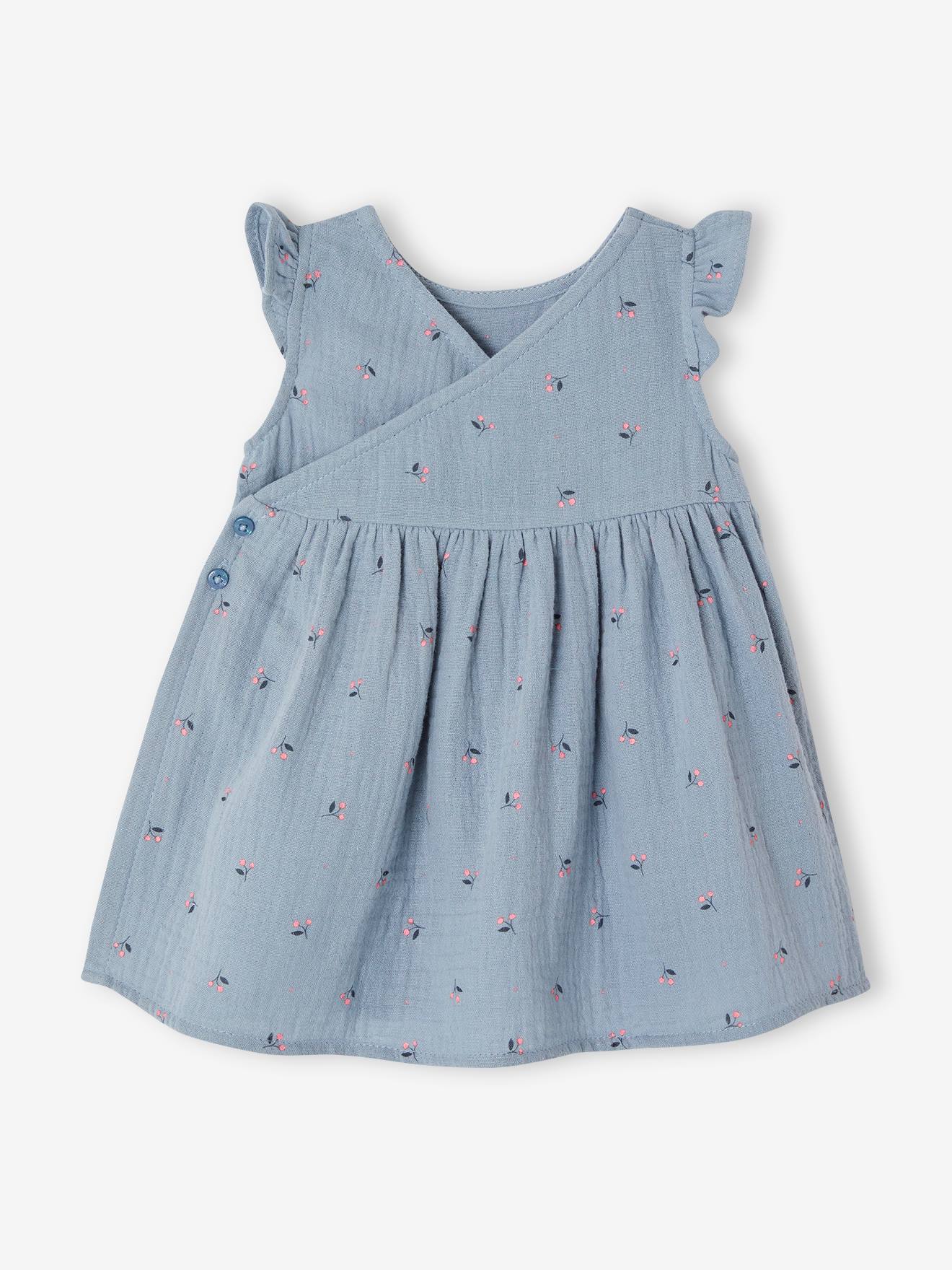 Vertbaudet Baby-Set aus Musselin: Kleid & Sonnenhut - blau chambray