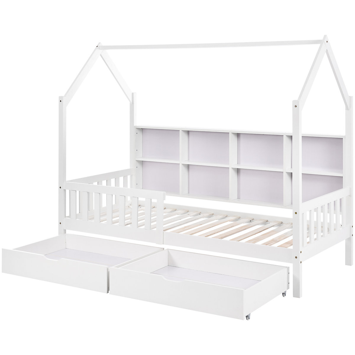 Hausbett 90x200 cm mit Ablageregal und Schubladen, Kinderbett mit Rausfallschutz