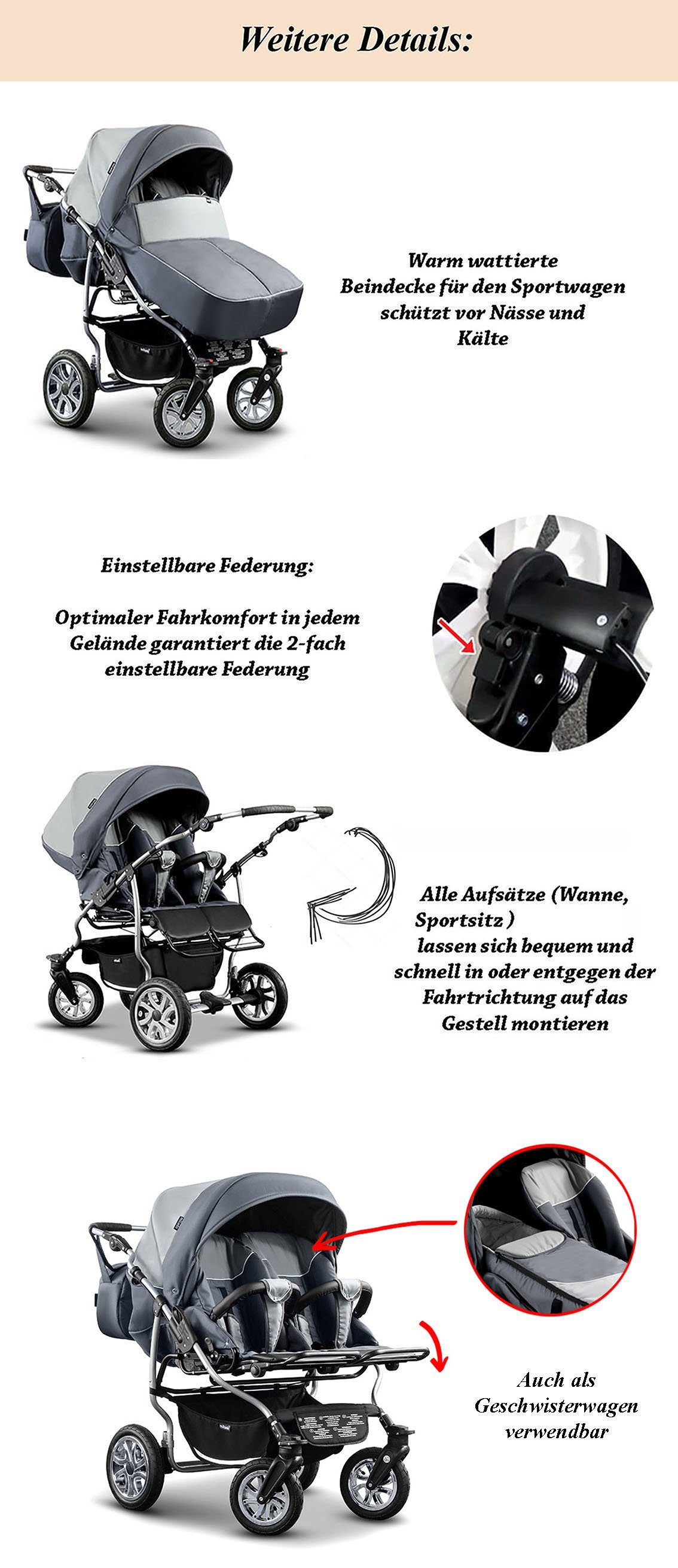 Elcar Zwillings-Kombikinderwagen Zwillingskinderwagen 2 in 1 Duet - 14 Teile - in 20 Farben