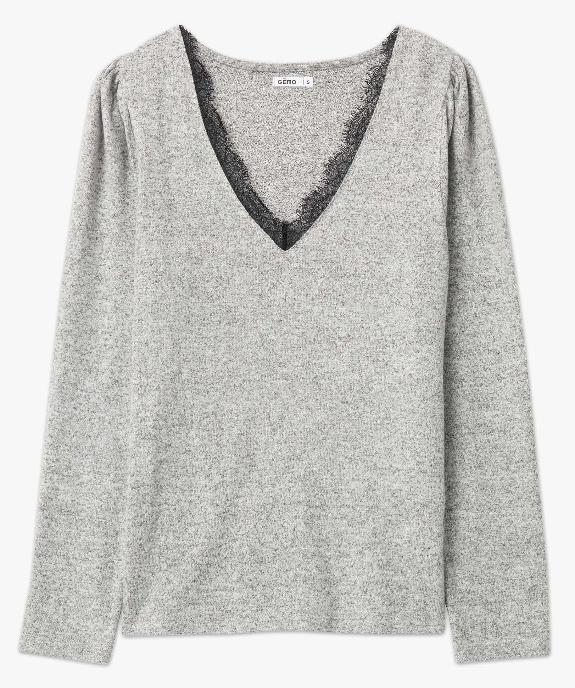 Tee-shirt femme à manches longues avec col V en dentelle co... gris clair | GEMO