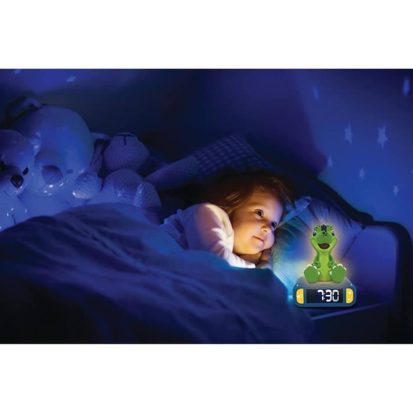 Réveil digital avec veilleuse lumineuse Dinosaure en 3D et effets sonores vert