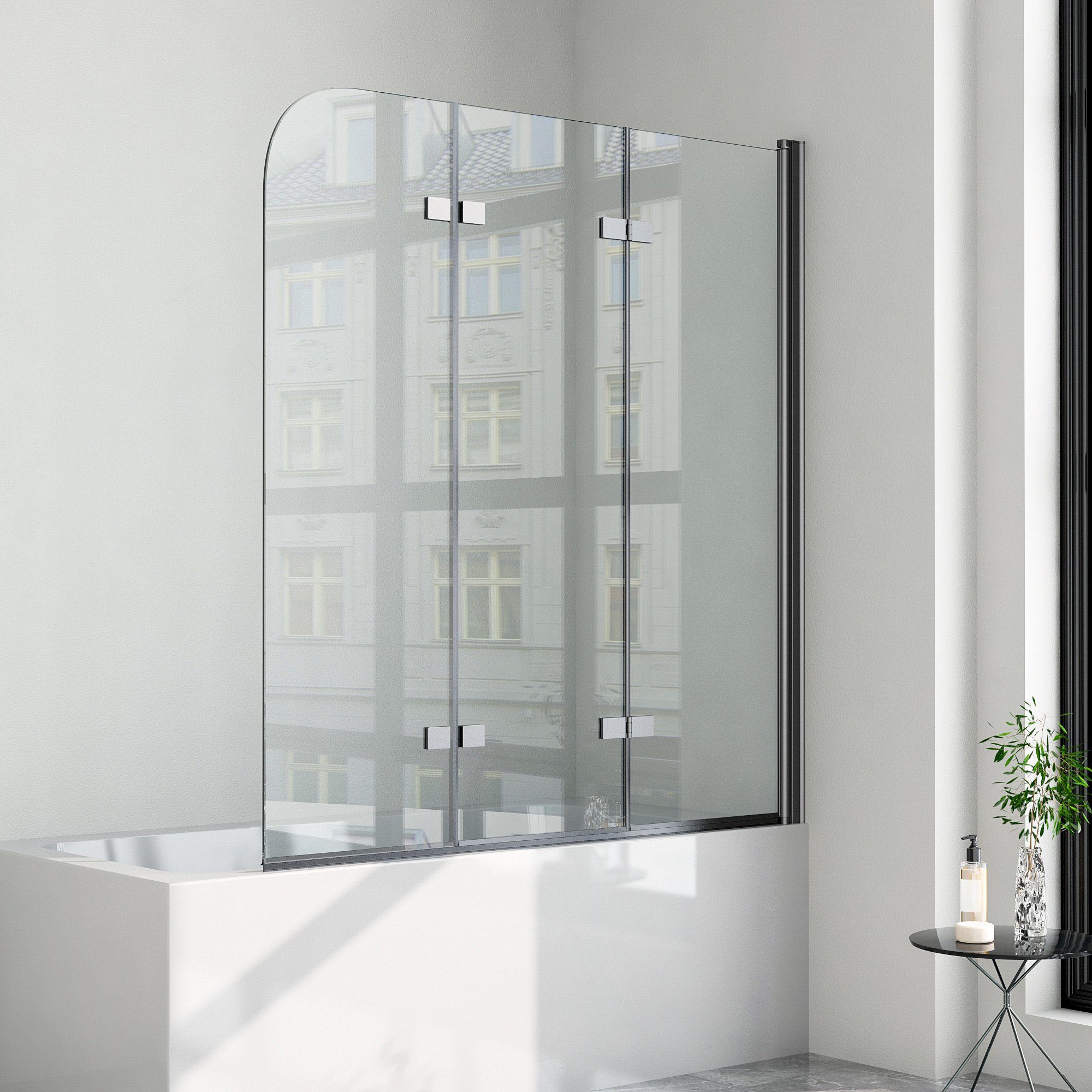 Boromal Badewannenaufsatz Schwarz 3 teilig faltbar Duschwand für Badewanne beideseitig Nano ESG, Alu-Wandprofil, 120x140cm, 130x140cm, (Badewannenfaltwand, 130x140cm,120x140cm), mit Hebe-/Senkfunktion, Rechts-und Links montierbar