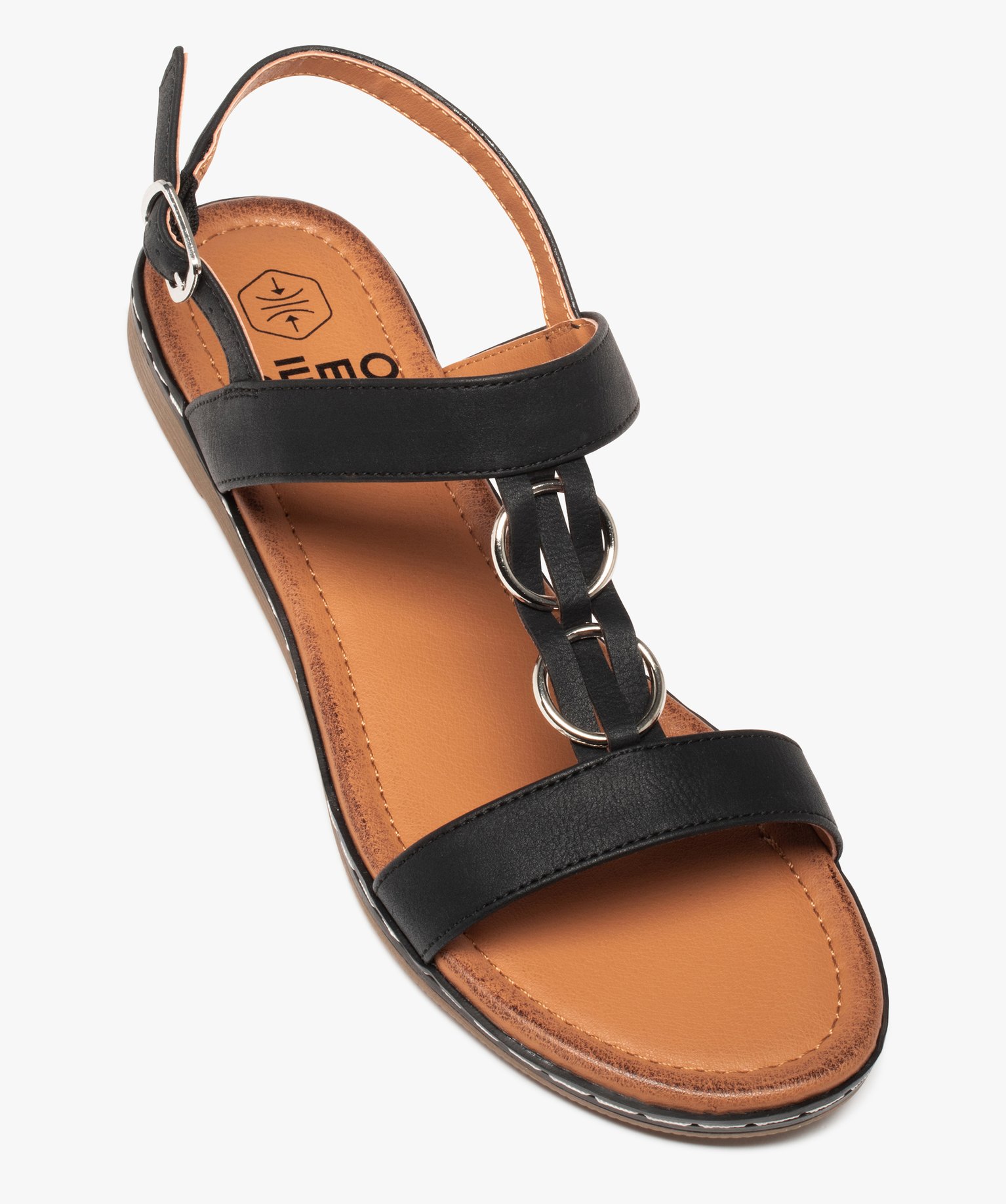 Sandales femme plates à brides unies et anneaux en métal noir | GEMO