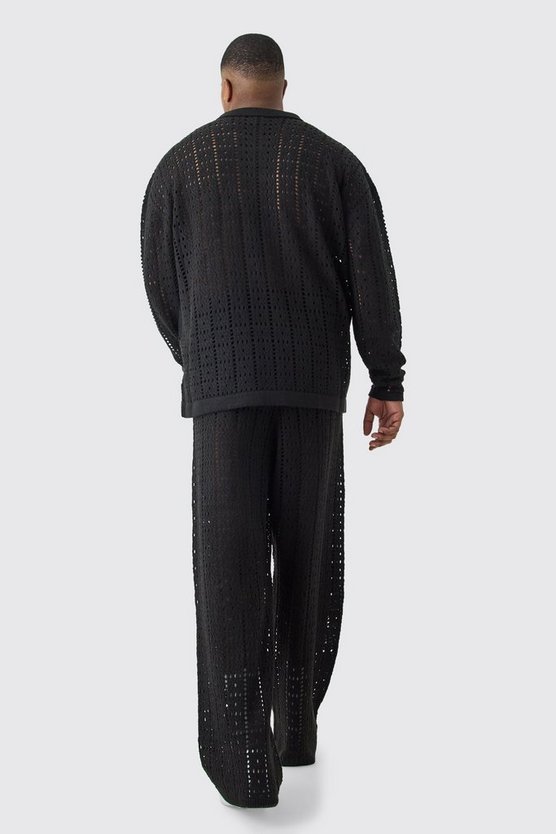Plus langärmliges gehäkeltes Oversize Hemd in schwarz