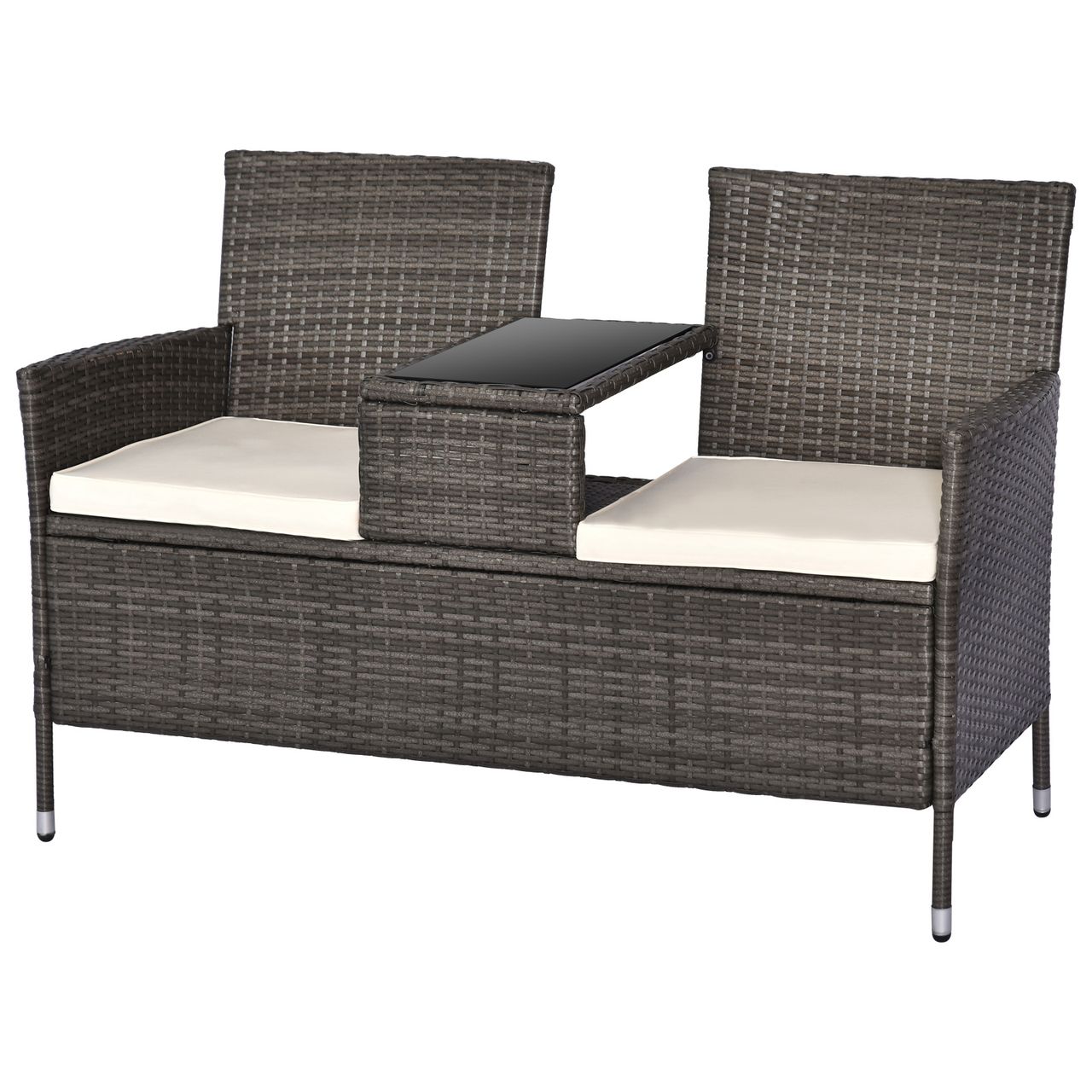 Outsunny Polyrattan Gartenbank Gartensofa Sitzbank mit Tisch 2-Sitzer Stahl Grau