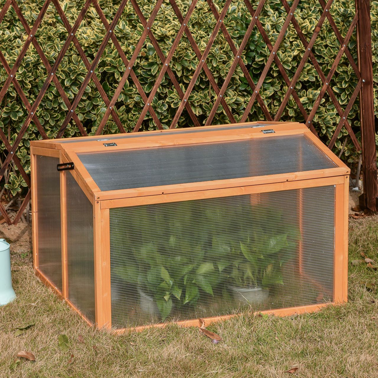 Outsunny Frühbeet Treibhaus Gewächshaus Frühbeetkasten Pflanzenbeet mit Abdeckung aus Holz und Polycarbonat wetterfest Orange 90 x 80 x 58 cm