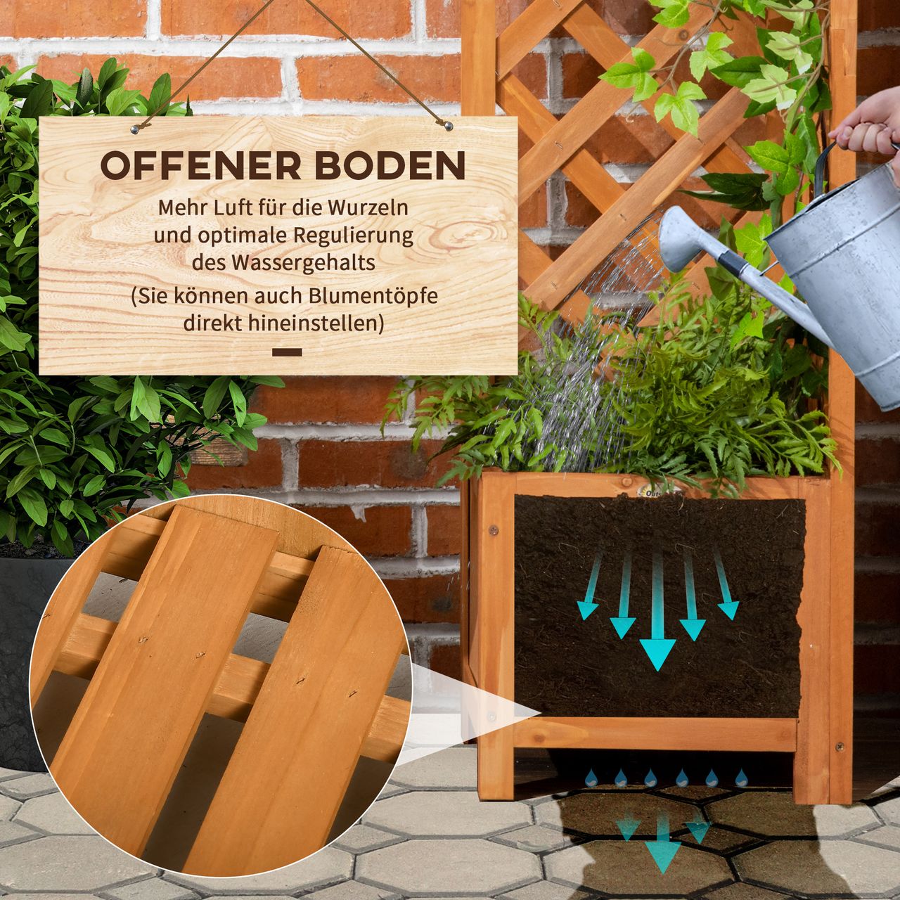 Outsunny Hochbeet mit Rankhilfe, Blumenkasten, Blumenkübel, Pflanzkübel Braun