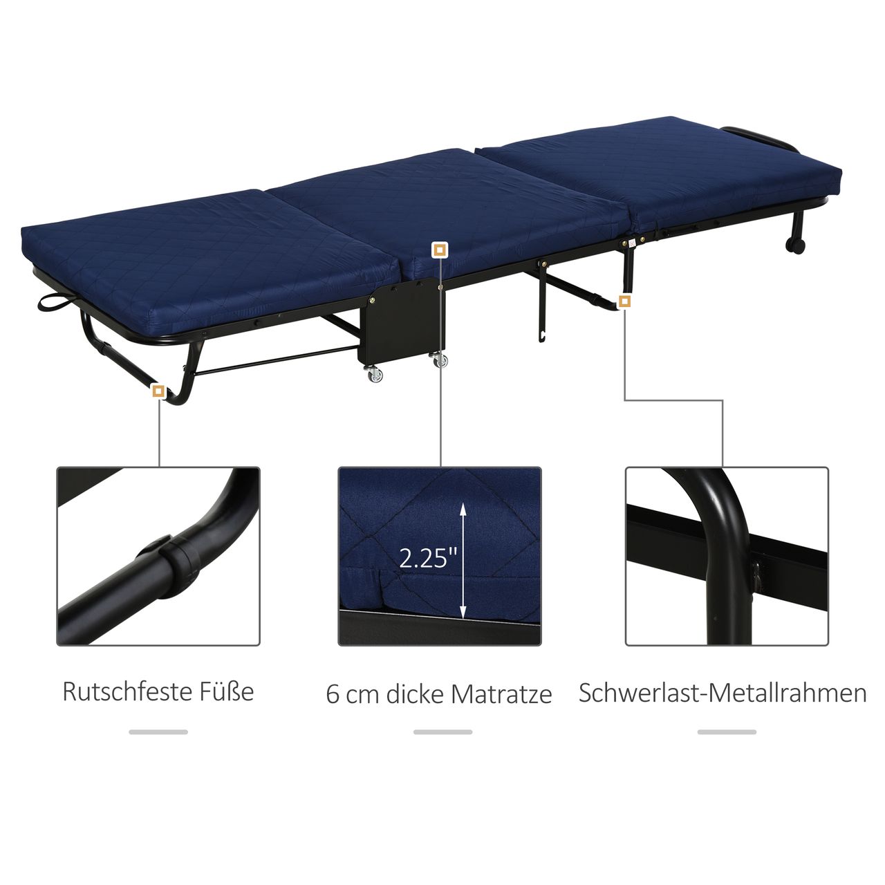 HOMCOM Gästebett klappbar, 2-in-1 Klappbett mit Rollen, Verstellbare Kopfteilhöhe, Stahl Schaumstoff, Blau, 184 x 65 x 26 cm