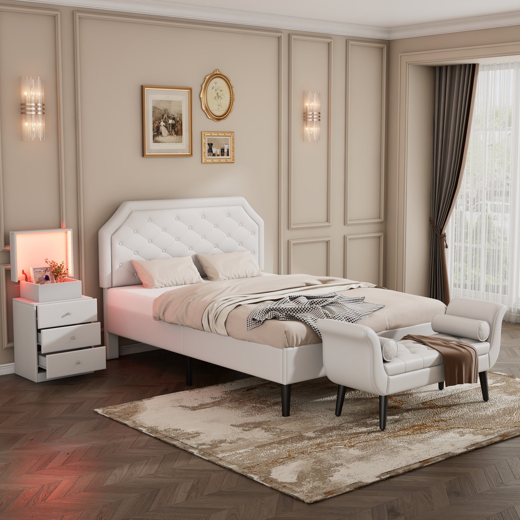 Flieks Schlafzimmer-Set, Polsterbett 140x200cm + LED Nachttisch + Betthocker, Kunstleder