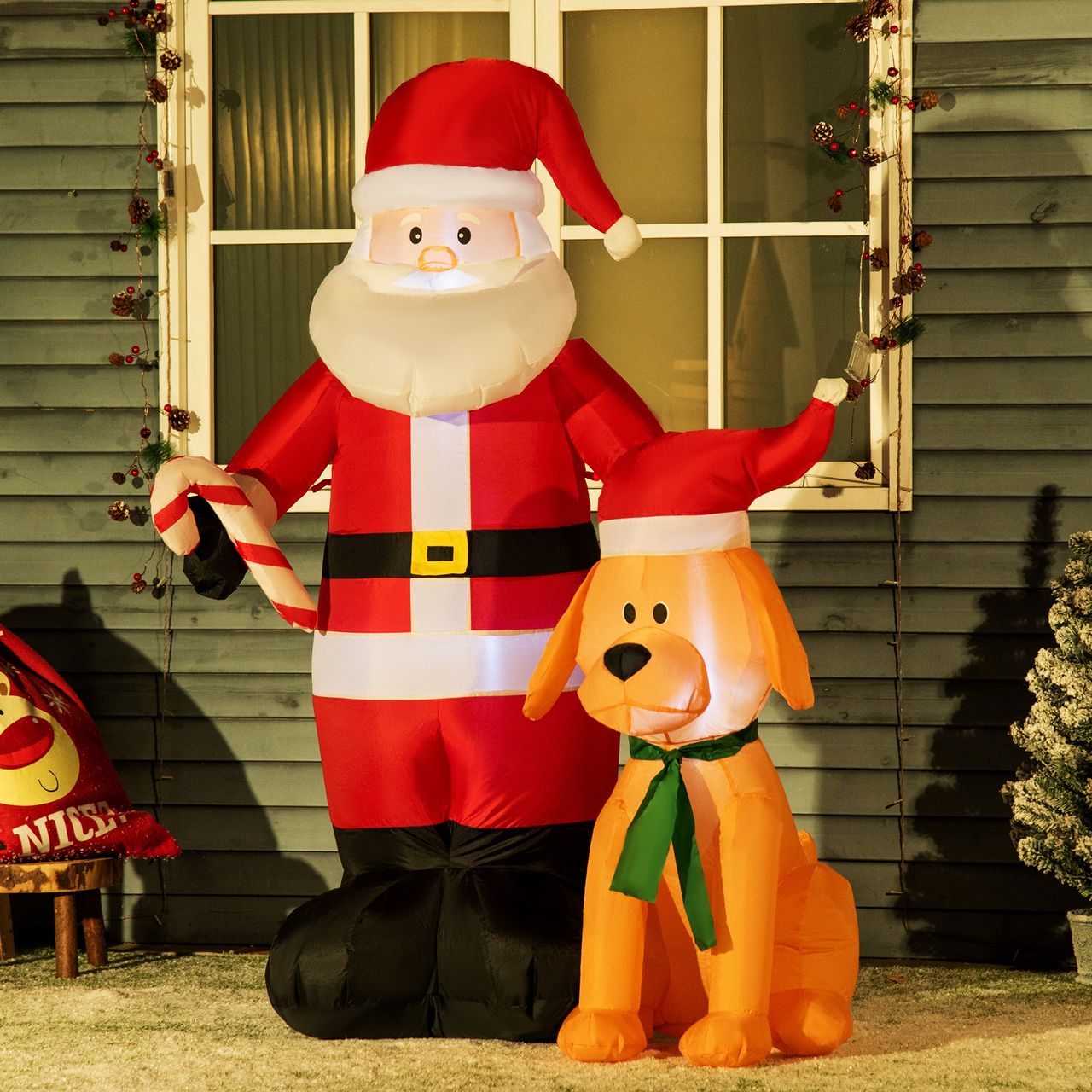 Outsunny 157 cm Aufblasbarer Weihnachtsmann mit Hund Weihnachtsdeko mit LED