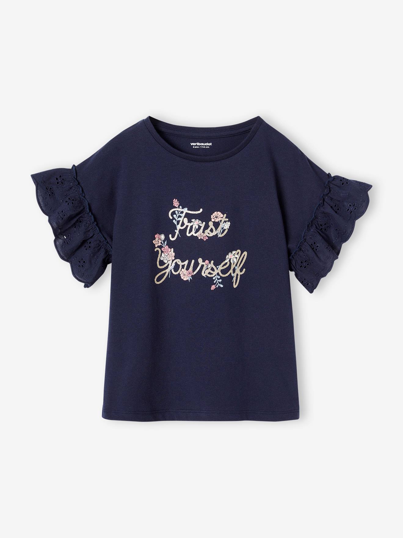 Vertbaudet Mädchen T-Shirt mit Volantärmeln, Bio-Baumwolle - wollweiß katze