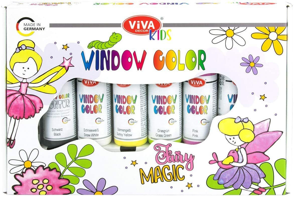 Viva Decor Kreativset Kids Window Color Set - Fairy Magic (Geschenkset mit 6 Fensterfarben à 90 ml und 12 Motivvorlagen)