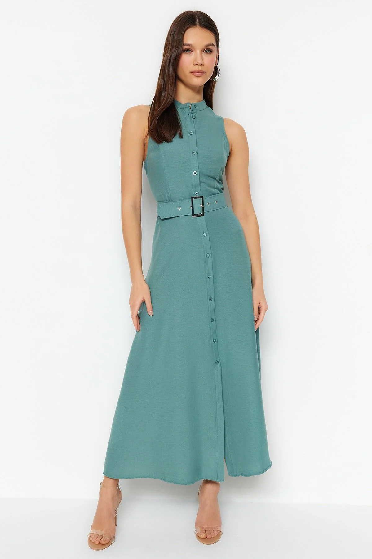 Trendyol Collection  Mintfarbenes, gewebtes Midi-Hemdkleid mit Gürtel TWOSS23EL01628