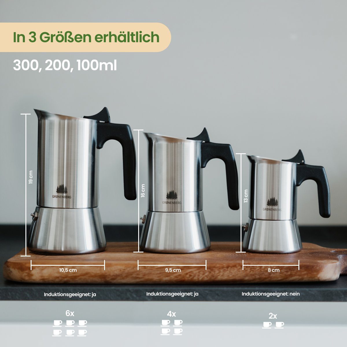 GRØNENBERG Espressokocher Edelstahl Espressokanne 1-2 Tassen, 0.1l Kaffeekanne, Inkl. Ersatz-Dichtung, Unbeschichtet & frei von Aluminium