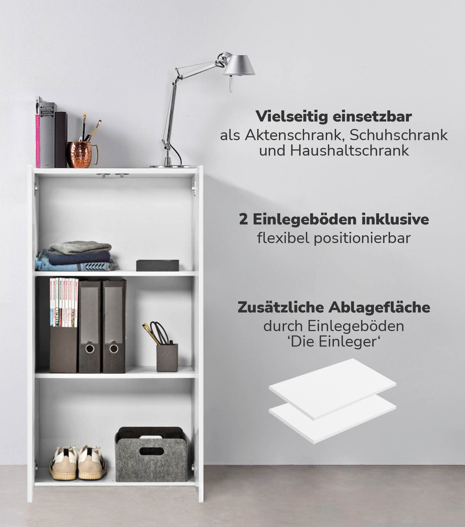 mokebo Mehrzweckschrank Der Schlanke (mit 2 Einlegeböden) Aktenschrank, Schuhschrank oder Aufbewahrungsschrank in Weiß