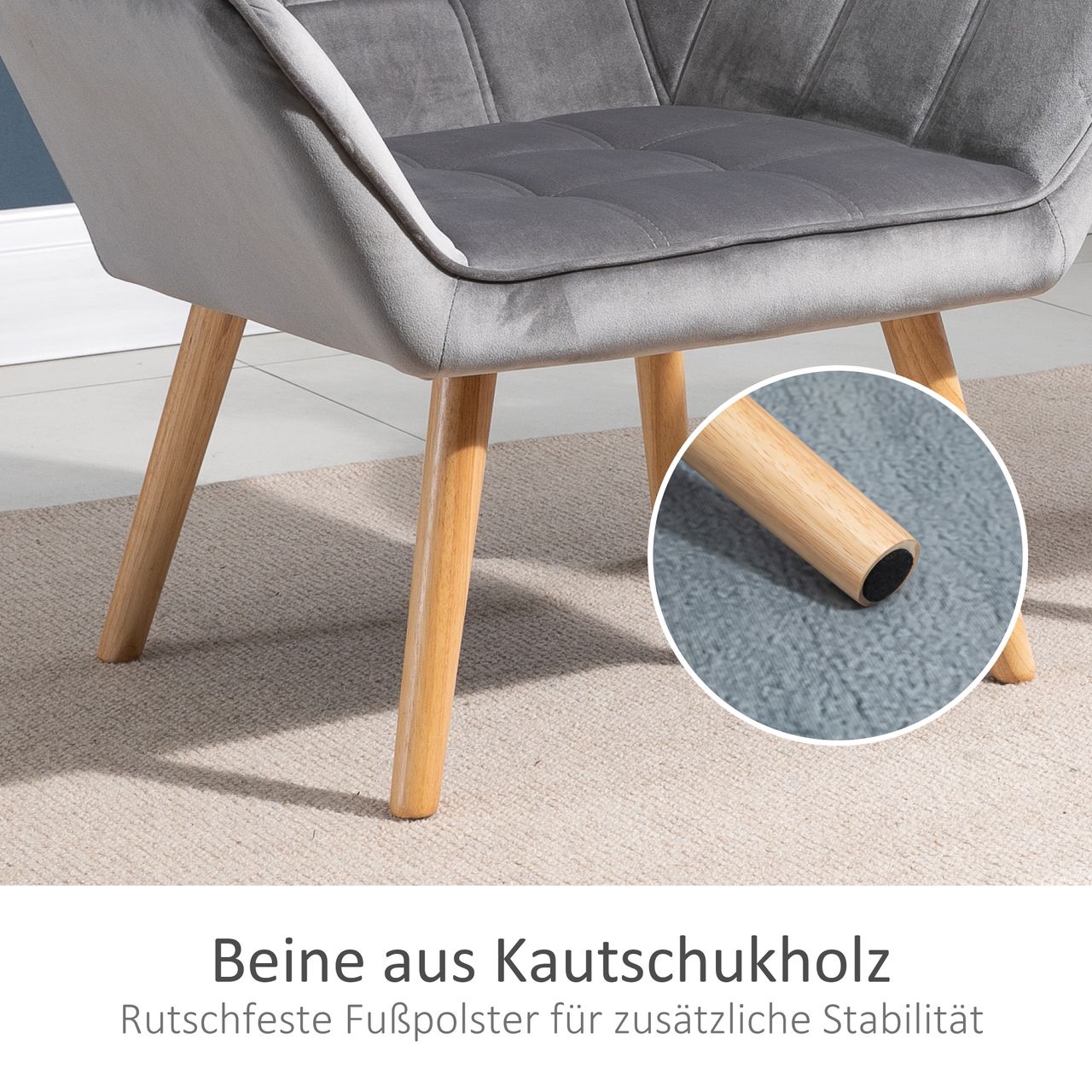 HOMCOM Einzelsessel Armlehnsessel Relaxsessel mit Holzbeine, Samtoptik, Grau
