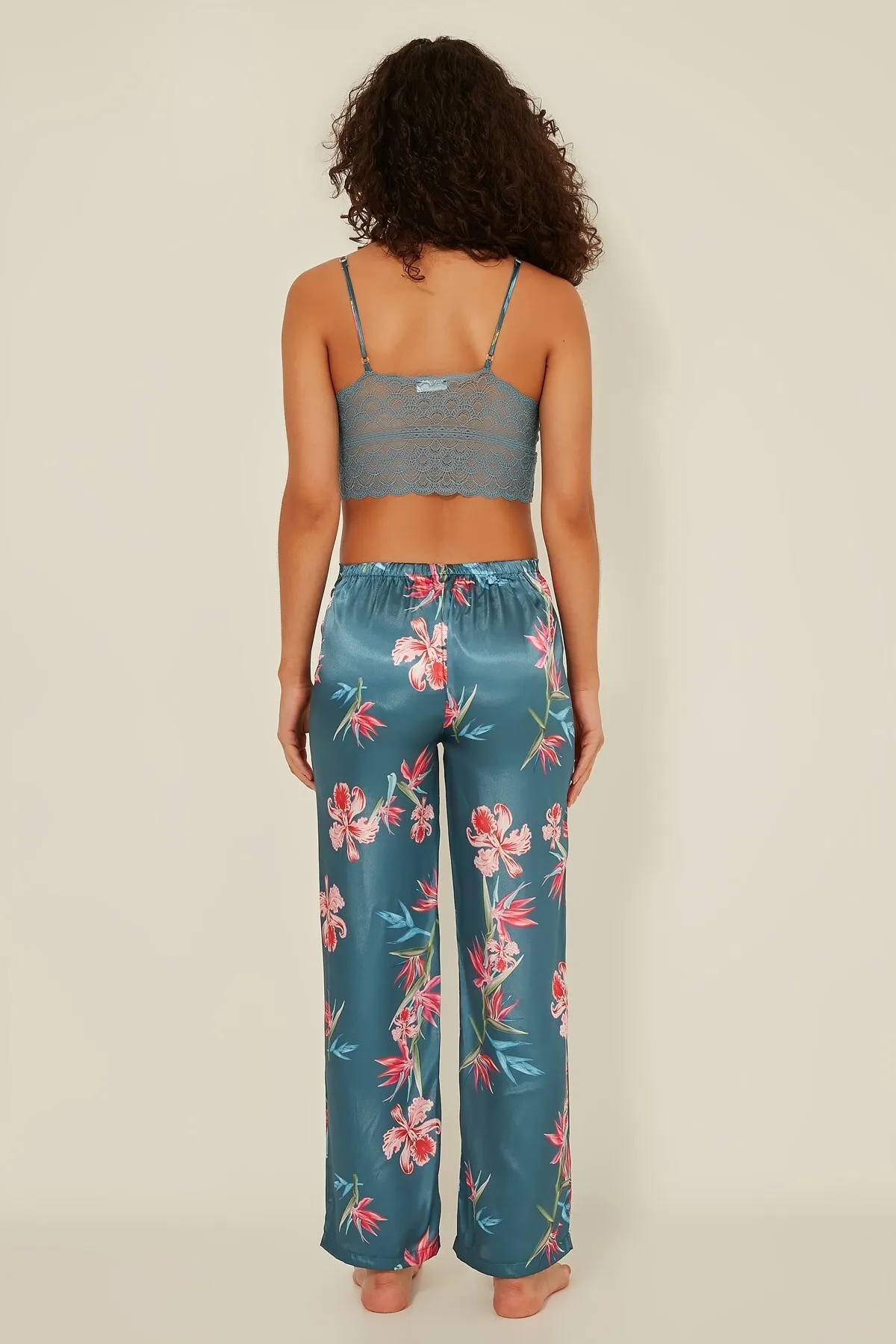 C&City  045 Gemustertes 3-teiliges Satin-Pyjama-Set für Damen, Türkis