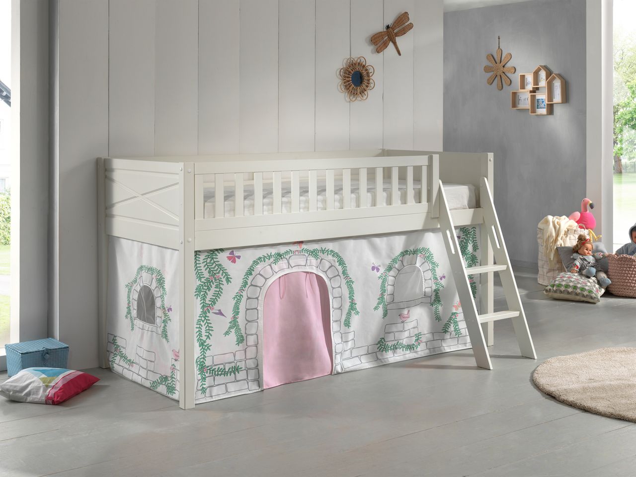 VIPACK Spielbett SCOTT, LF 90 x 200 cm, mit Rolllattenrost, Leiter und Textilset Vorhang 