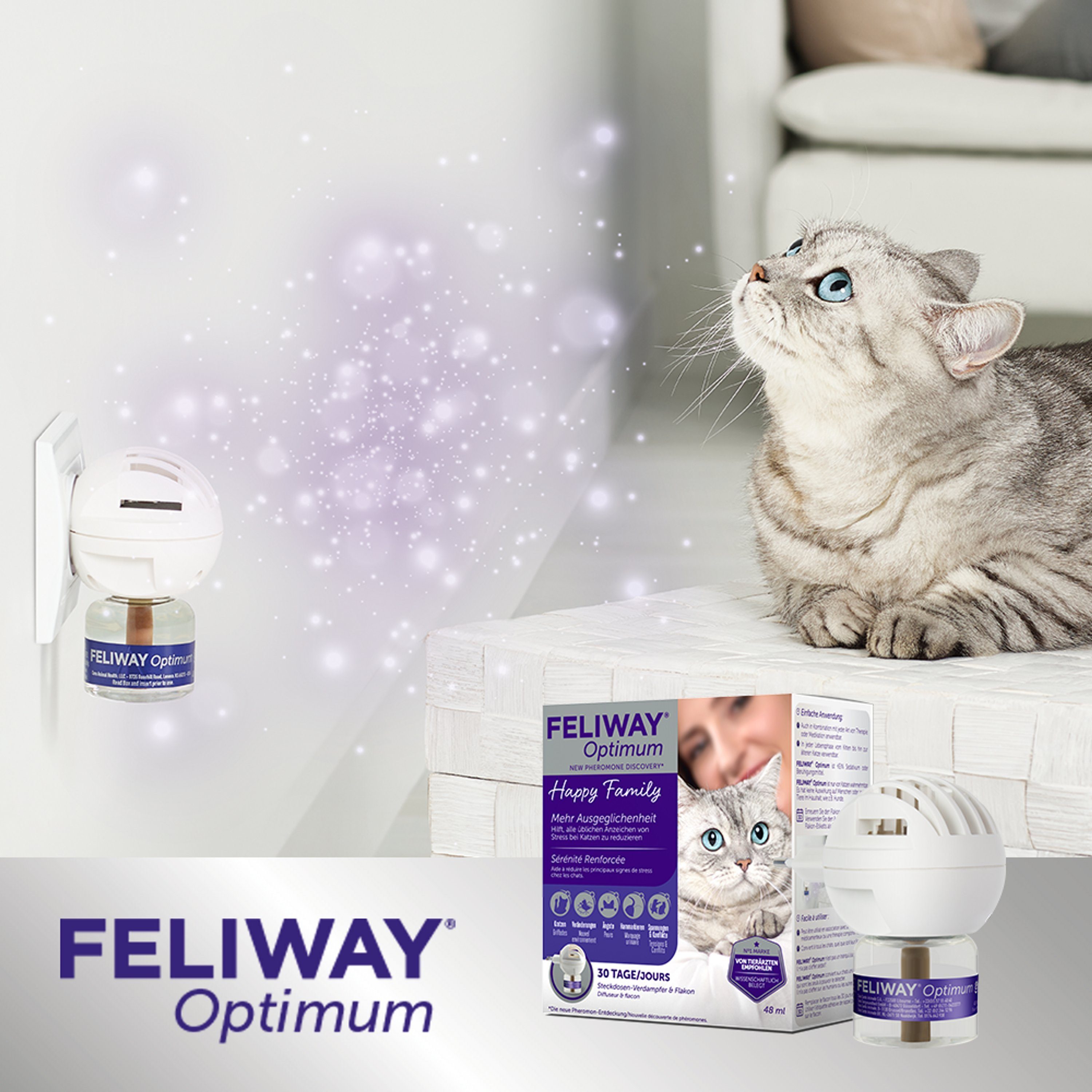 Feliway Katzenstreu FELIWAY® Optimum Verdampfer + 30 Tage Nachfüllflakon 48ml – für noch ausgeglichenere Katzen