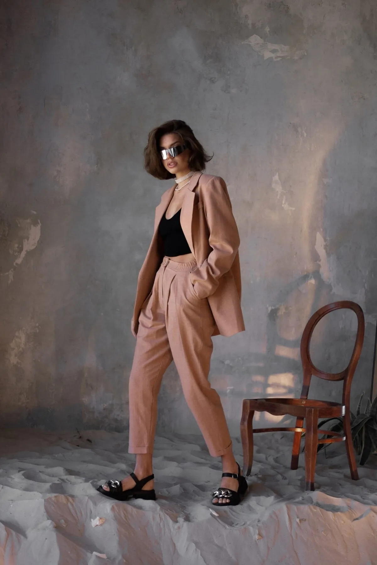 BOHEMAİ  Blazer-Jacken-Set aus lachsfarbenem Ponte-Leinen