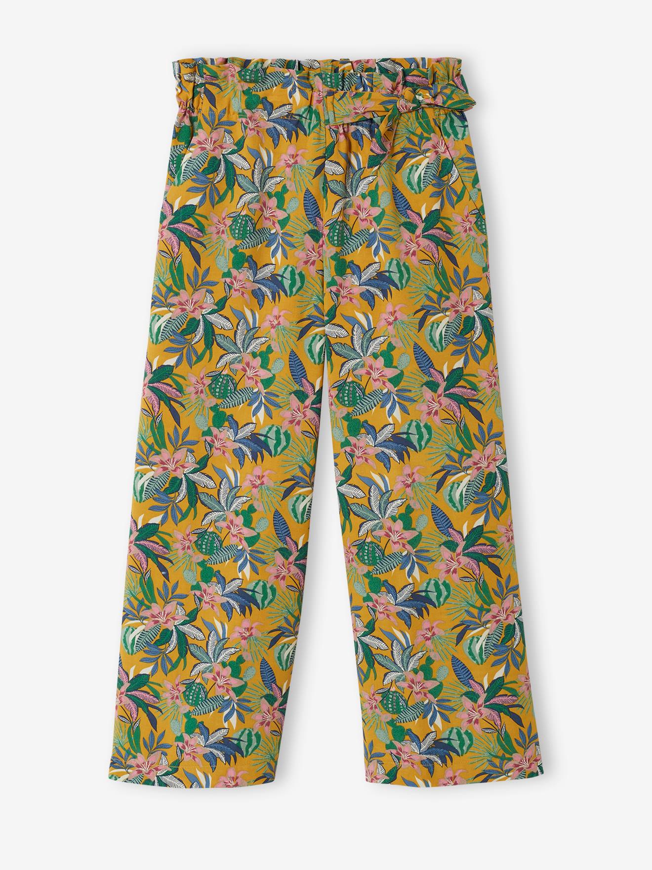 Pantalon large motifs fleurs fille moutarde