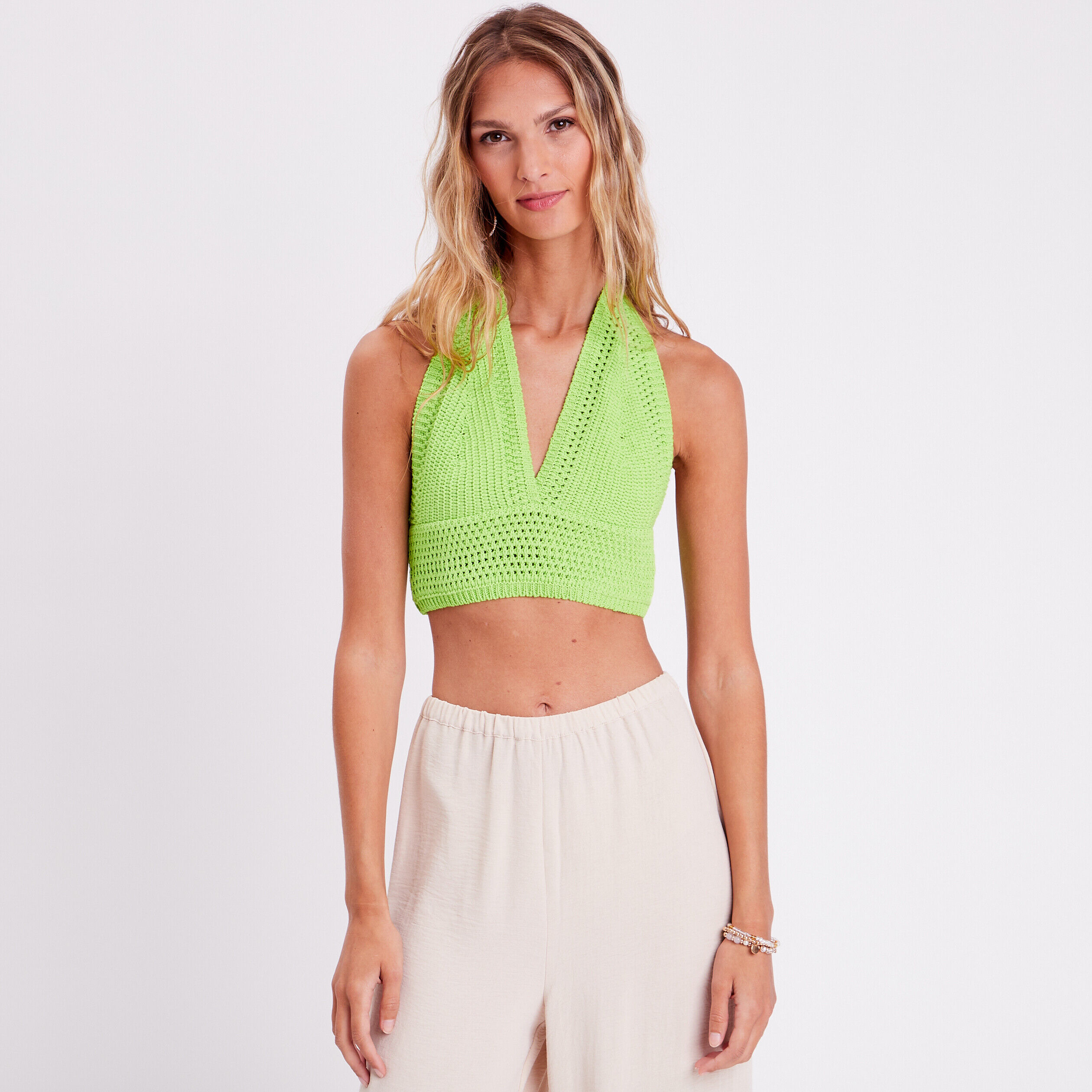 Crop top en crochet vert femme | Cache Cache