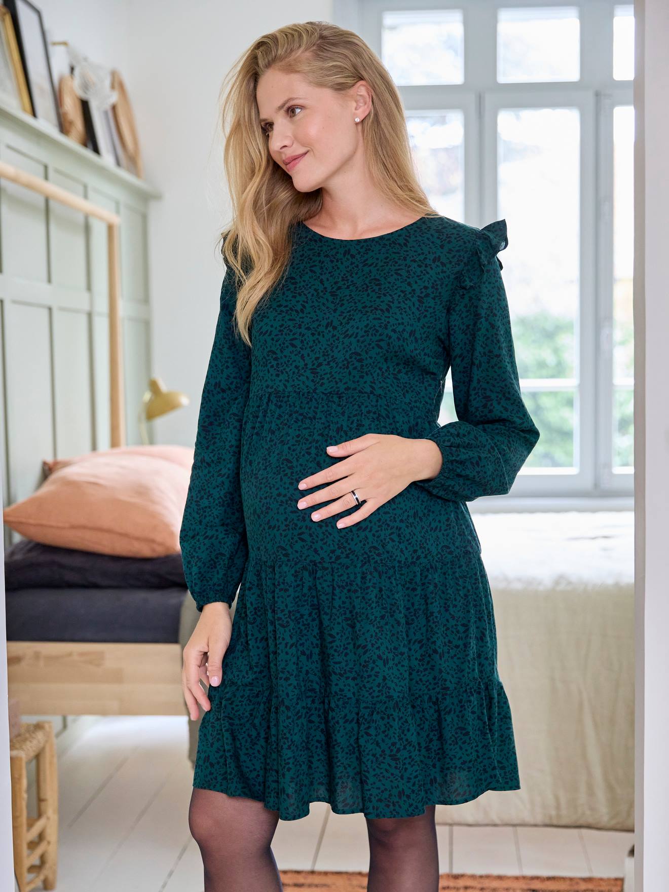 Vertbaudet Volantkleid für Schwangerschaft & Stillzeit - tannengrün