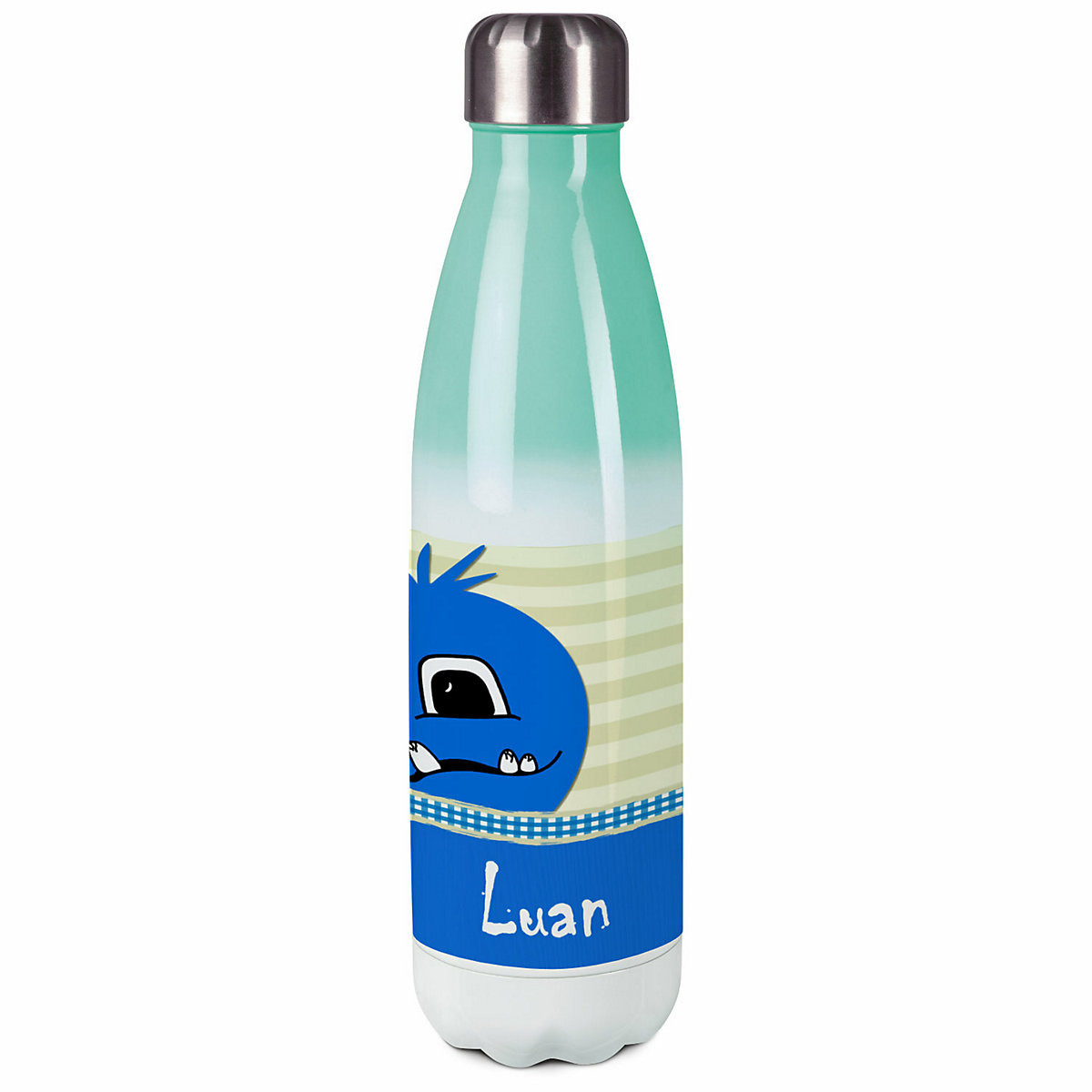 Edelstahl Kinder Thermoflasche / Trinkflasche bunt Monster Karo Farbe blau Spülmaschinenfest, Auslaufsicher, Bruchfest, Doppelwandig, Für Heißgetränke geeignet, Mit Deckel, Isoliert