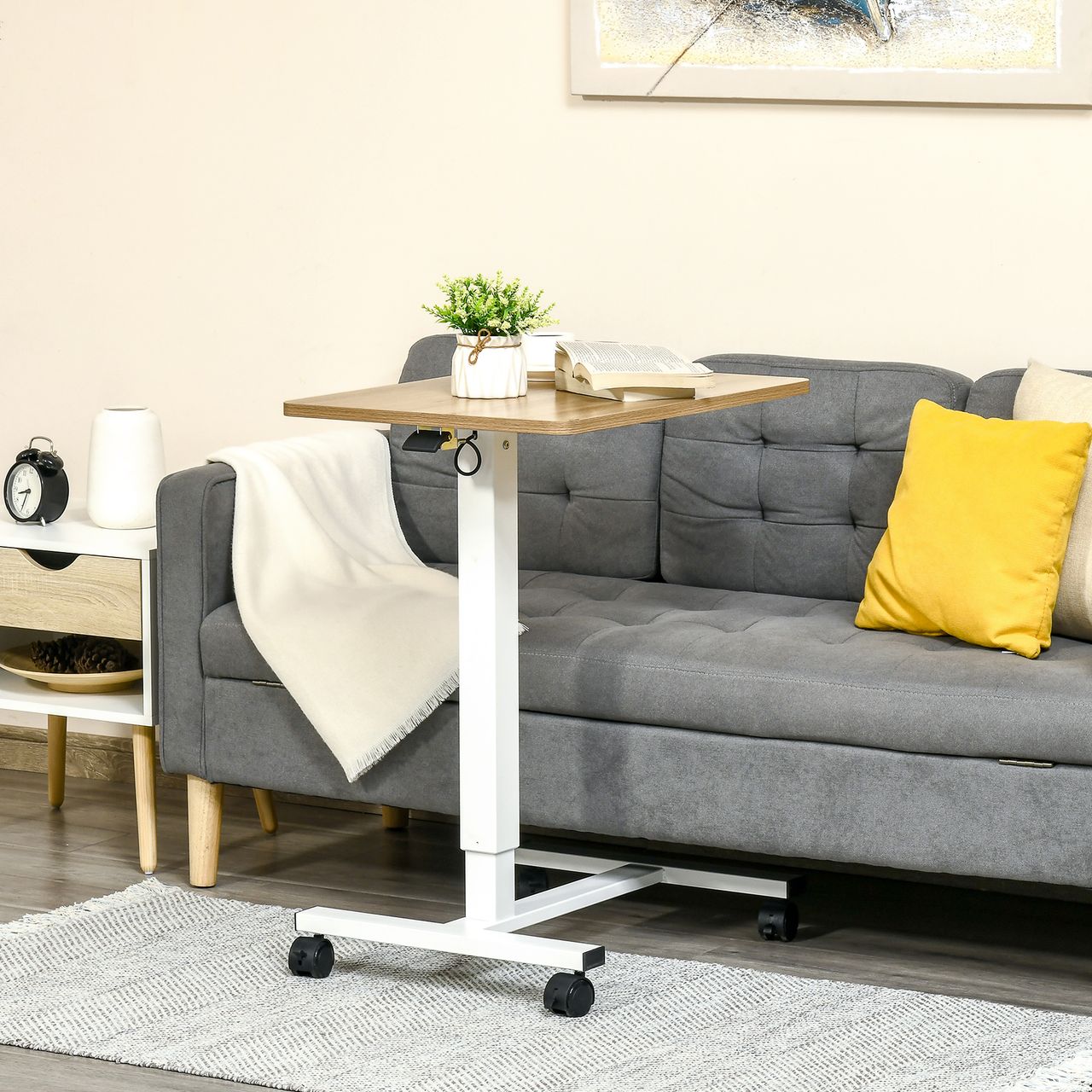 HOMCOM Höhenverstellbar Steh-Sitz Schreibtisch Laptoptisch Stehpult Beistelltisch mit Rollen C-förmig Platzsparend für Arbeitszimmer Sofa Bett Natur Weiß Belastbar bis 70 kg 65 x 48 x 70-110 cm