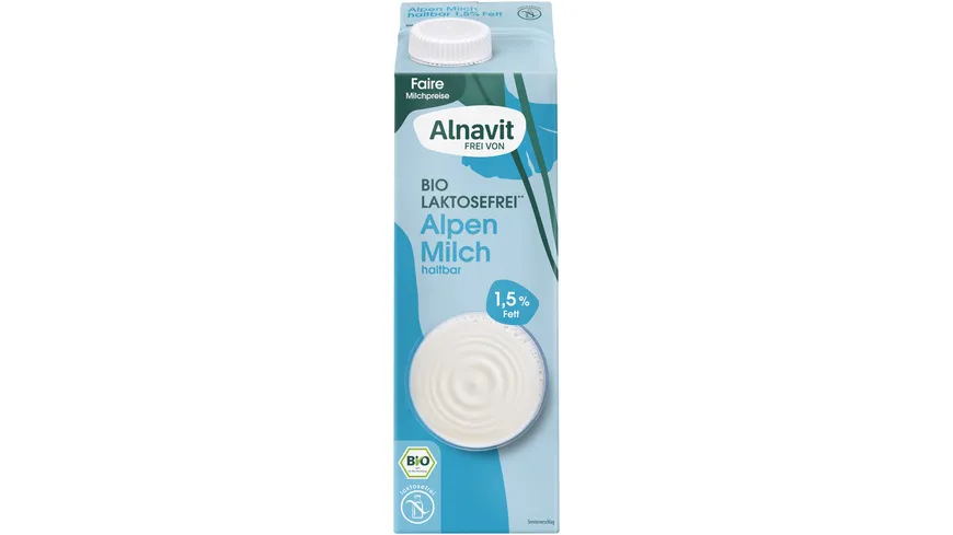 Alnavit Bio Laktosefreie Alpenmilch haltbar 1,5 % Fett glutenfrei 1 l