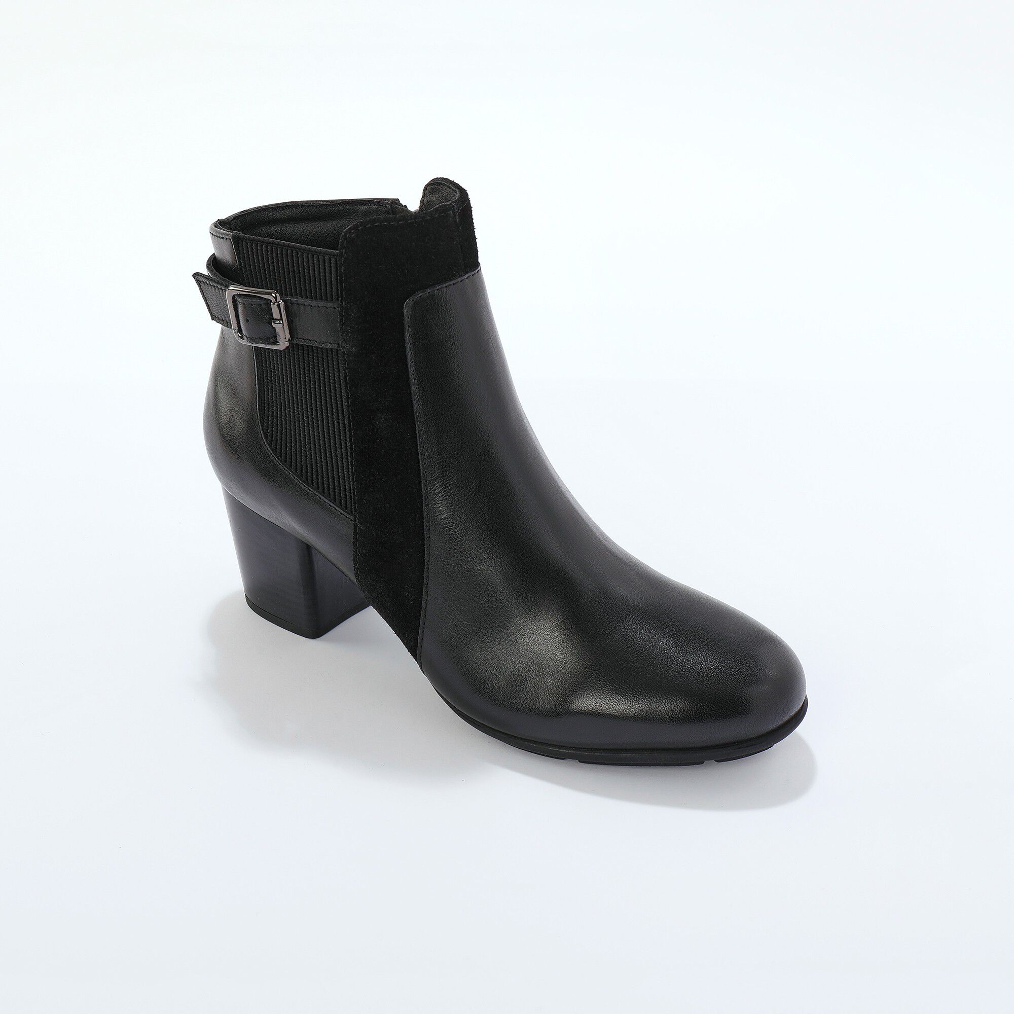 Boots en cuir bi-matière élastiquées à boucle et à talon