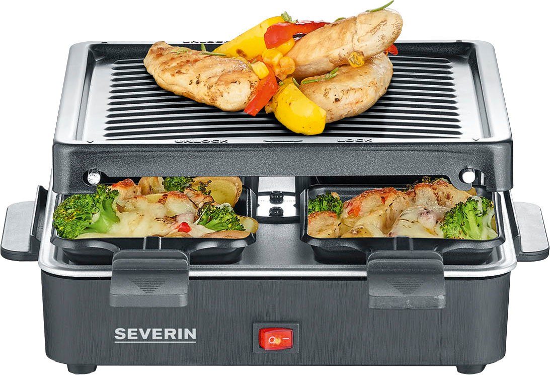 Severin Raclette RG 2370, 4 Raclettepfännchen, 600 W, Grillplatte, Antihaftbeschichtung, Kompaktes Design, Kontrollleuchte