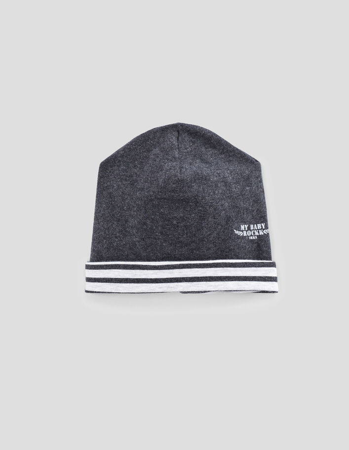 Bonnet réversible gris chiné et rayé coton bio bébé