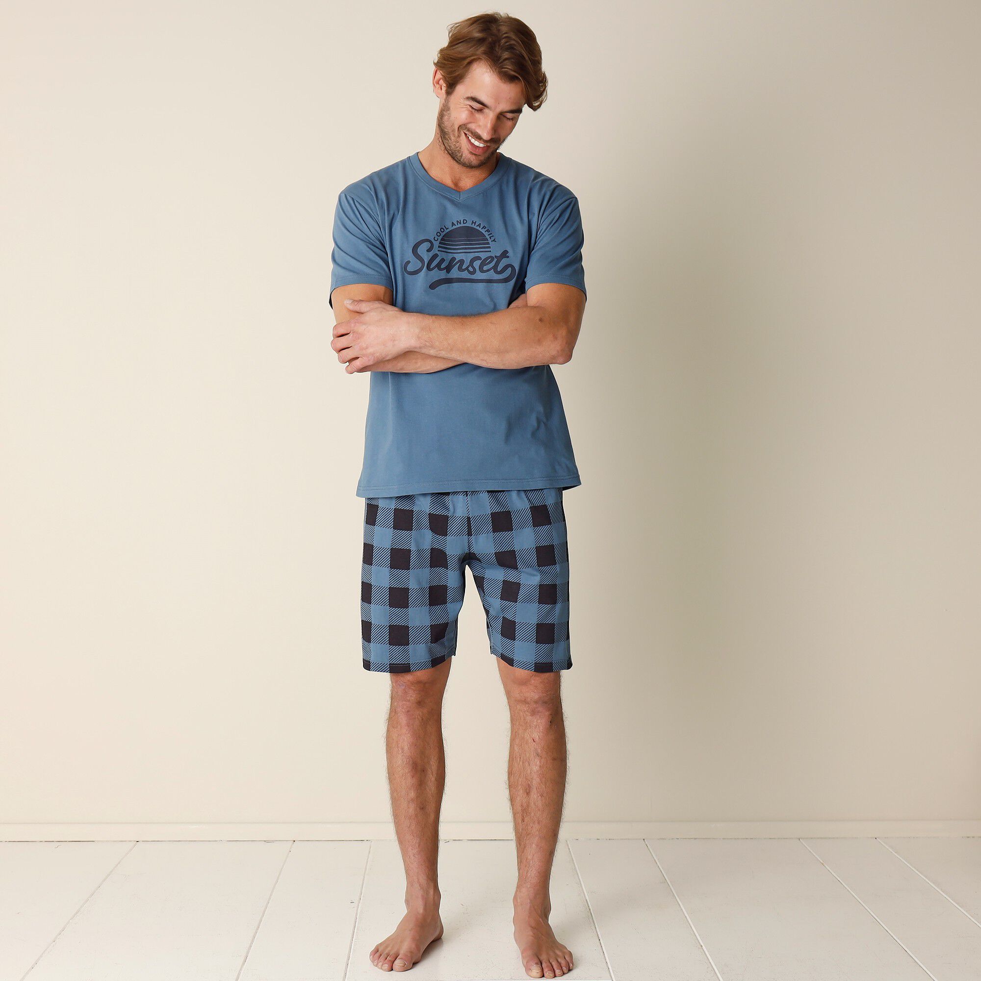 Pyjama short coton carreaux manches courtes