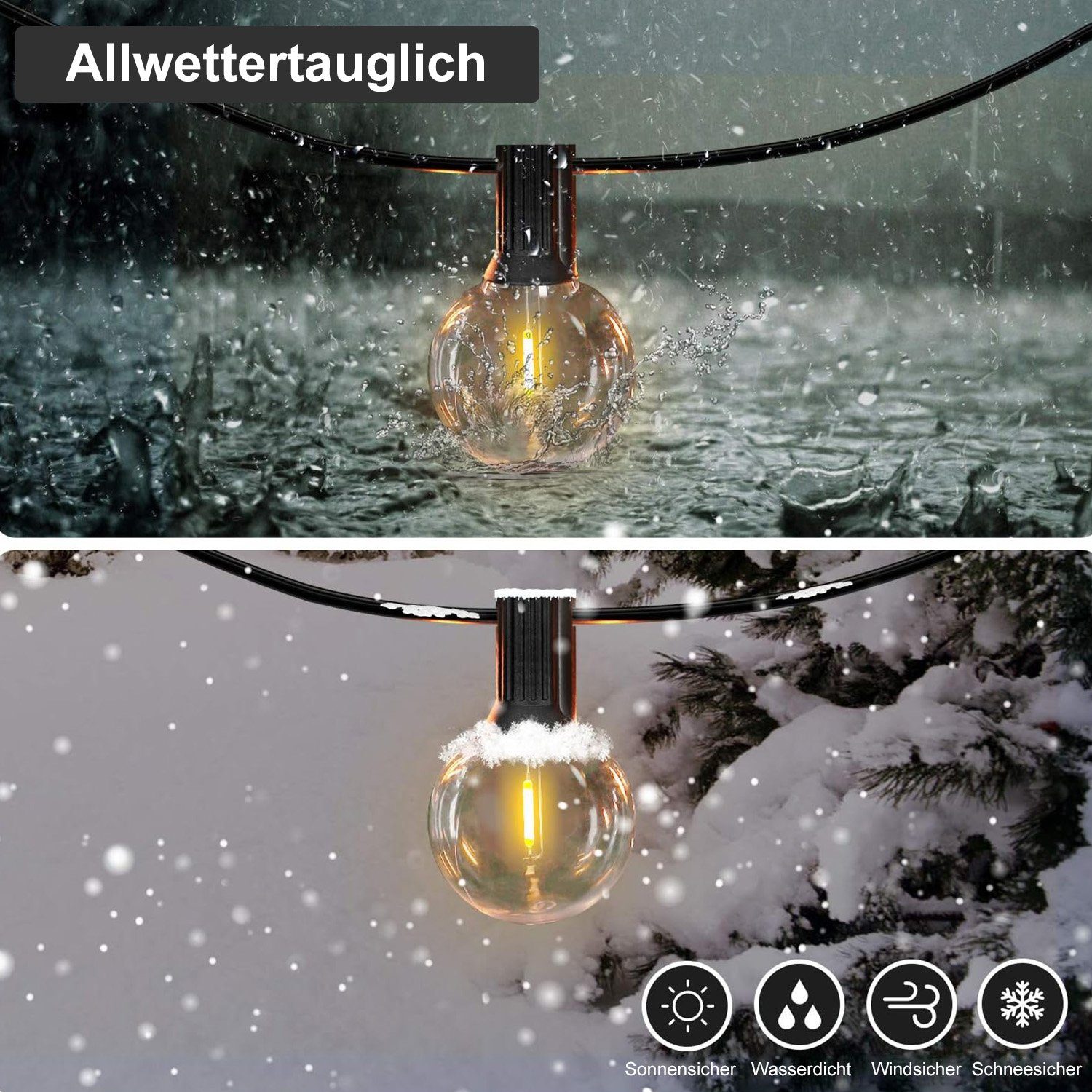 Rosnek LED-Lichterkette G40, Anschließbar, 10/25/30/50 Steckdosen, wasserdicht, für Hinterhof, Veranda Balkon Party Deko