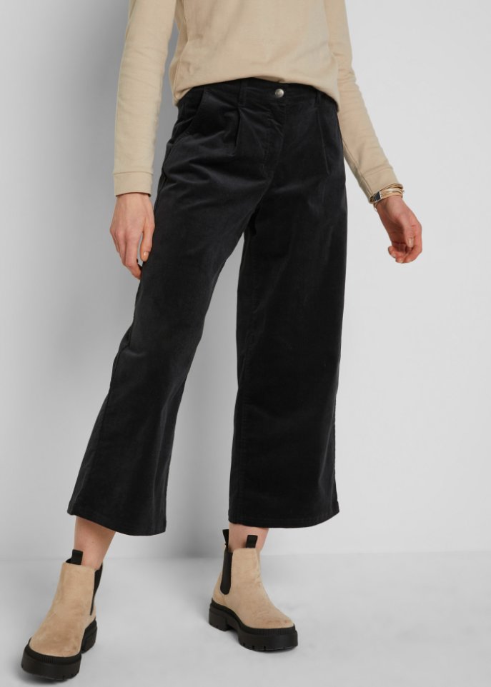 Weite Stretchcord-Culotte mit High-Waist-Bequembund, 7/8-Länge