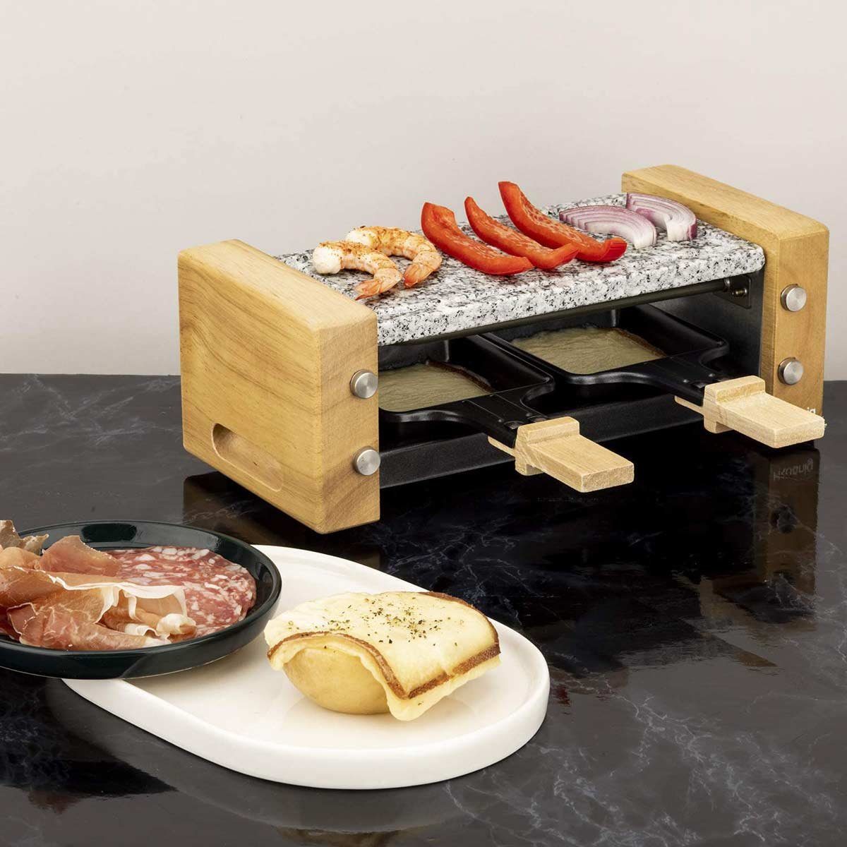 H.Koenig Raclette WOD2 kleines kompaktes Raclette / Heißer Stein für 2 Personen, 2 Raclettepfännchen, 350 W