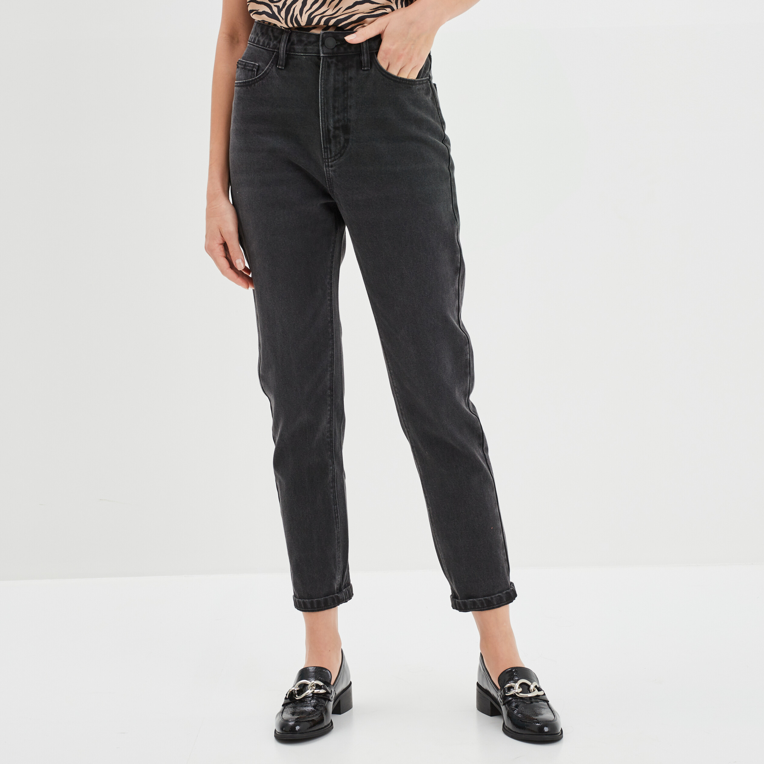 Jeans mom taille haute 7 8ème coton denim noir femme | La Halle